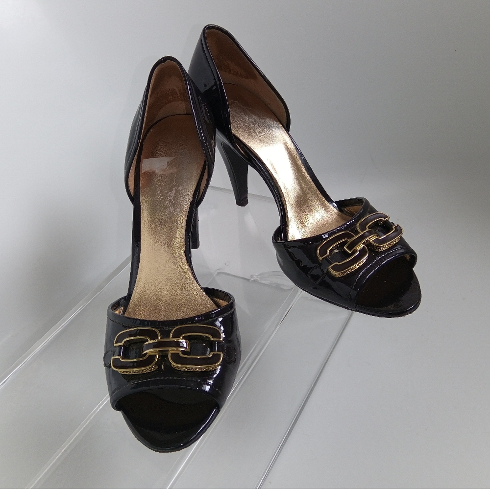 [6B] Coach Chocolatey Black Peeptoe Heels with Gold Accents